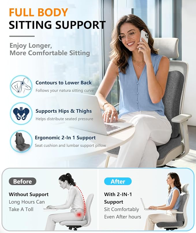 Lumbar Support Pillow & Seat Cushion for Office Chair, Memory Foam Office Chair Cushion for Tailbone Pain Relief and Lower Back Support, Ergonomic Desk Chair Cushion for Gaming, Wheelchair,Home