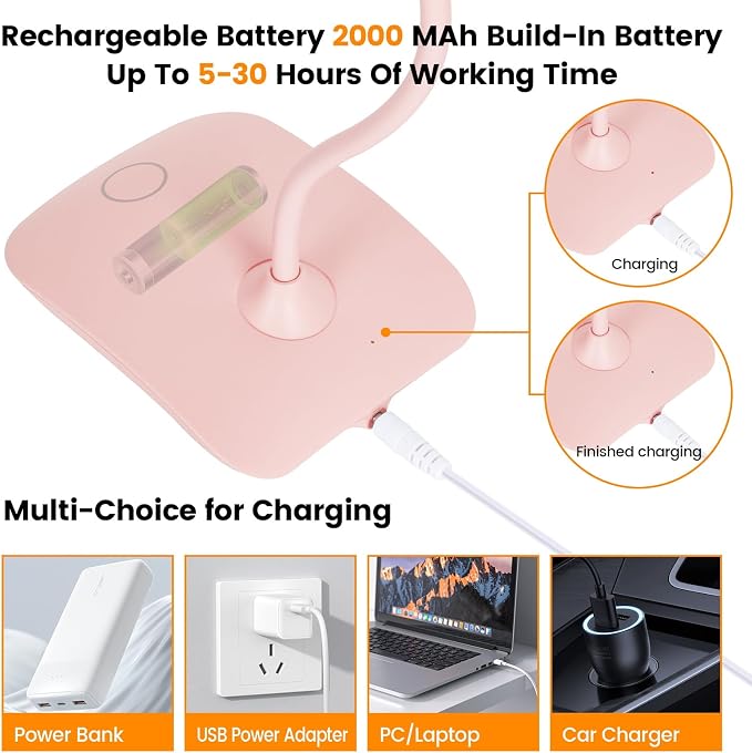 Portable Battery Powered Desk Lamp Small Rechargeable LED Table Light | 400 Lumen Eye Care,3 Color Temperatures,Stepless Touch Dimming,360° Adjustable for Nail Study Dorm Office Bedroom,Pink 1 Pcs