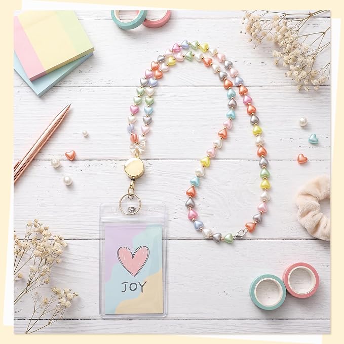 Teacher Lanyard with ID Holder Cute Beaded Lanyards for ID Badge Holders Retractable Badge Reel （Heart）
