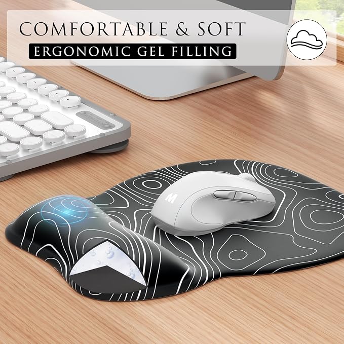 MROCO Ergonomic Mouse Pad Gel Wrist Rest, 9.4 x 8.1 in, Black Topographic | Ergonomic Shape Design, Multiple Pattern Options, Gel Wrist Comfort, Smooth Lycra Surface, Non-Slip PU Base