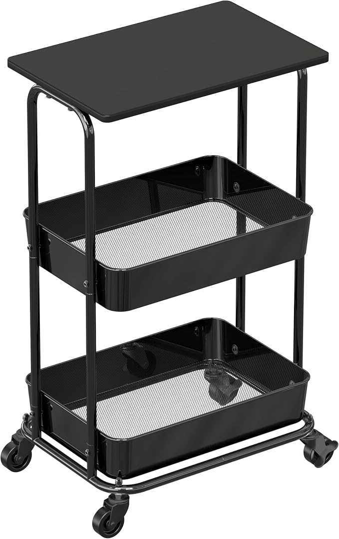 Simple Houseware 2-Tier Rolling Utility Cart Wood Top/Lockable Wheel, Black | Metal Storage Organizer Trolley for Kitchen, Bathroom, Office, Craft Room