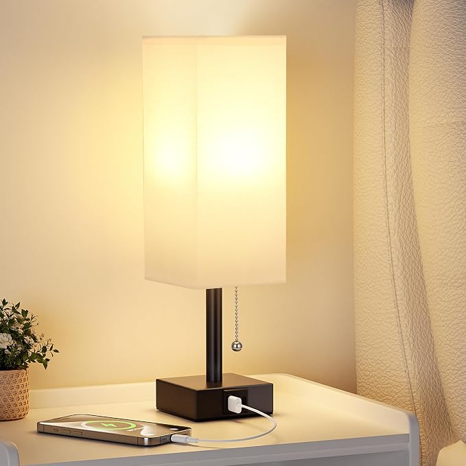 White Small Table Lamp for Bedroom - 3 Color Temperature 3000K 5000K 4000K Bedside Lamp, Pull Chain Control, USB A and C Charging Ports, Black Base, for Kids Office Dorm Nightstand, Bulb Included | Pull Chain Lamp, 3 Color Modes(3000K/4000K/5000K), E26...
