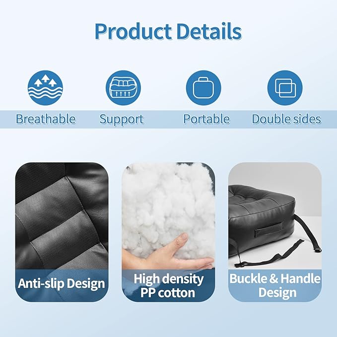 YOUFI Leather Seat Cushion Extra-Thick Booster for Office Chair to Rise Height - Full Filling for Support - with Breathable Cover, Handle and Buckle - Relieves Back Pain – 18"x16"x6" (Black)