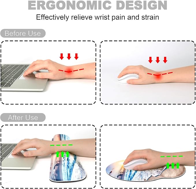 Ergonomic Mouse Pad with Wrist Rest and Keyboard Wrist Rest, Mousepad | Memory Foam Wrist Rest for Computer Keyboard, Pain Relief, Non-Slip Rubber Base, Mouse Pad Wrist Support for Gaming, Beach