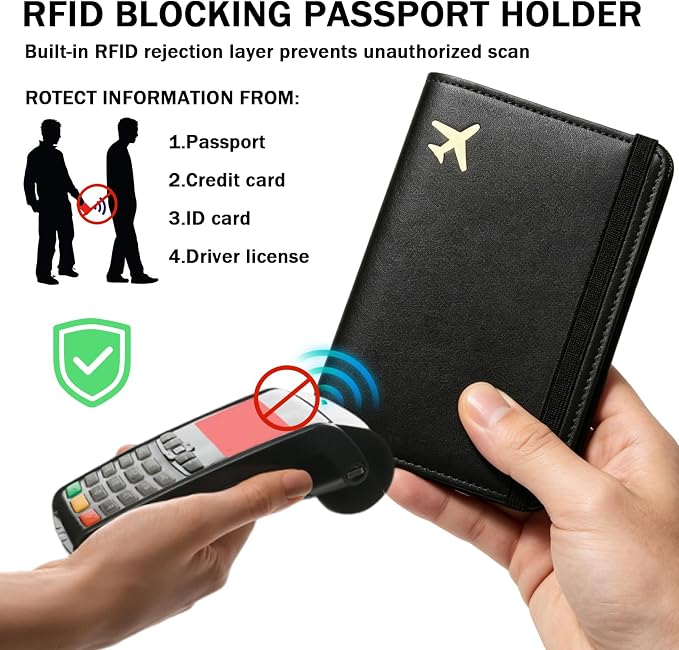 RFID Blocking Passport Holder for Travel – PU Leather Waterproof Lightweight Passport Cover Wallet for Women Men, Travel Organizer with Card Slots for Airline Tickets & Passport Book (Black)