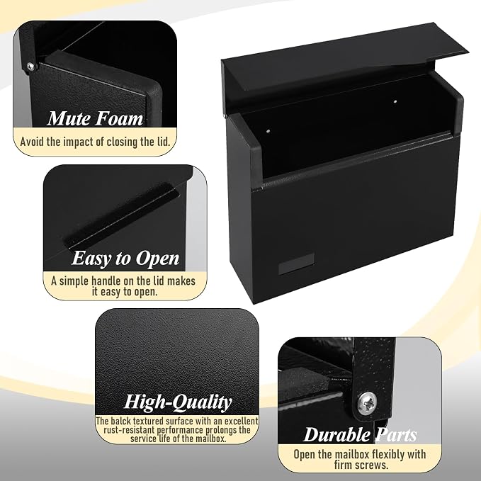 xydled Mailbox Wall Mount Mailboxes for Outside, Large Capacity Steel Hanging Metal Mailbox, Modern Post Box, Black,14.6''x12.2''x4.1''