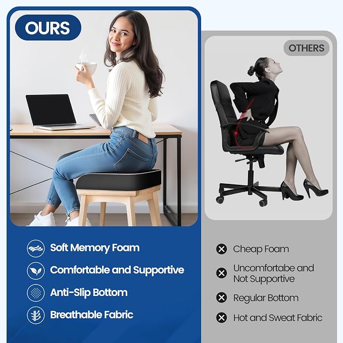 SweetSlubr Seat Cushion for Tailbone Pain Relief, Office Chair Cushion, Chair Pad, Memory Foam Large Cushion with Non-Slip Cover for Soft Support at Office Chair, Car Seat, Airplane, Black/Large