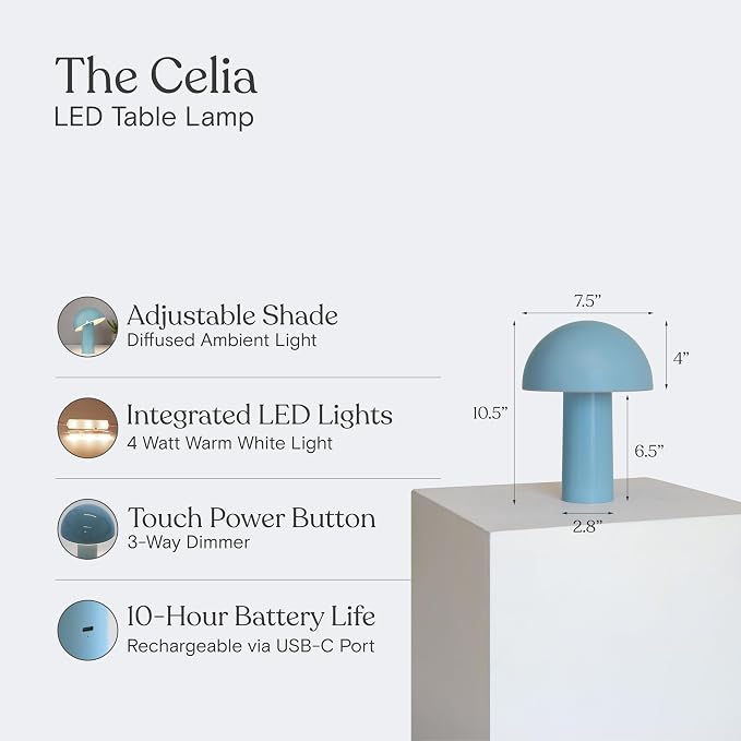 Brightech Celia Small Lamp – 10" Touch-Controlled Mushroom Table Lamp, Cordless & Dimmable LED, Portable & Rechargeable Bedside Night Light, Sustainable Recycled Modern Lamp for Home Décor, Light Blue