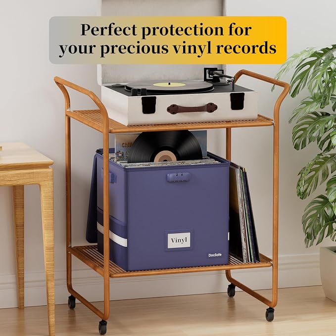 DocSafe Vinyl Record Storage Box with Lock, Fireproof＆Water Resistant Record Organizer for 100+ Single Records(12-inch), Collapsible Storage Crate with Lid&Handles for Valuable Album Collection, Blue
