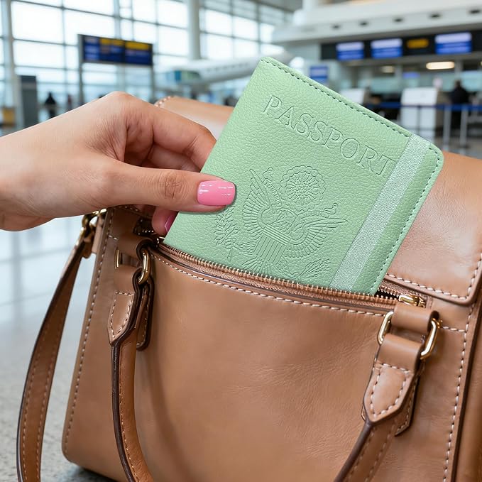 ACdream Passport Holder Cover, Leather Travel Wallet Case, RFID Blocking Document Organizer Protecrtor, with Slots for Credit Cards, Boarding Pass, for Women and Men, Agave Green