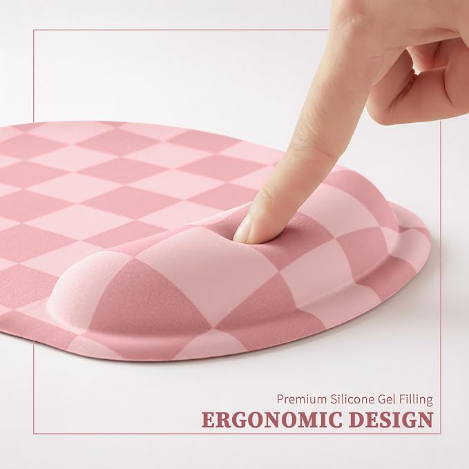 Ohocut Coral Pink Checkered Mouse Pad with Gel Wrist Rest, Wrist Support, Ergonomic Desk Accessories for Women, Office Laptop Gaming Decor, Cute Aesthetic Check Design