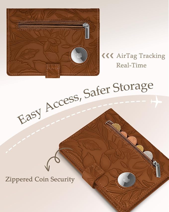 Slohif Elegant RFID Passport Holder for Travel with AirTag Rust Brown | Floral Embossed Passport Wallet for Women, Slim Vegan Leather Travel Organizer with Money Pocket and Card Slots