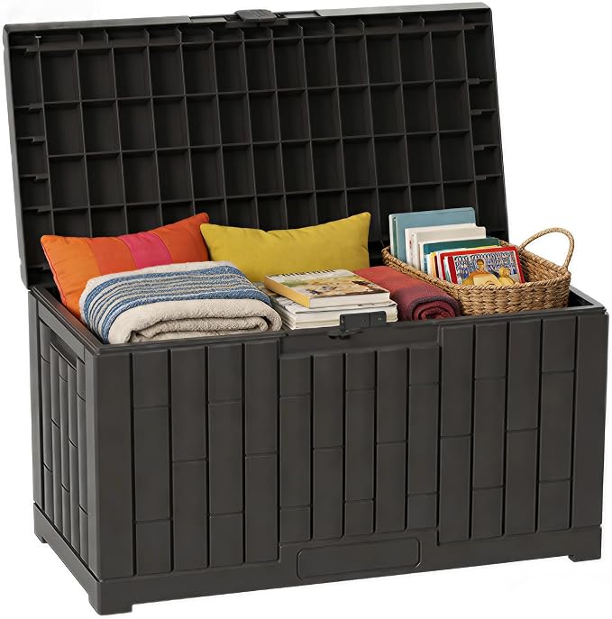 Outdoor Storage Box, 60 Gallon Waterproof Deck Box, Lockable Storage Container, Built-in Reinforcing Metal Rod Outside Resin Bin for Patio, Garden, Poolside and Garage