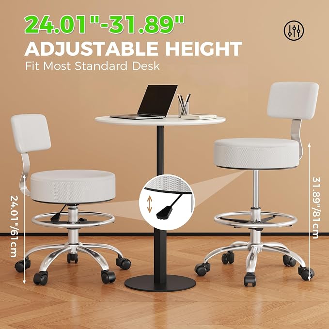 Office Drafting Chair with Footrest, Tall Height Adjustable Stool with Back Support, Heavy Duty Rolling Stool Chair with Wheels for Office Home Kitchen Bar Shop Guitar Studio Vanity, Gray
