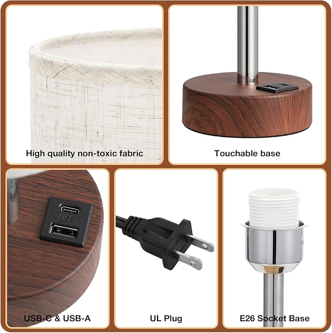 Dicoool Bedside Table Lamp for Bedroom - 3-Way Dimmable Touch Lamp, USB A+C | LED Bulb Included, 14" Small Nightstand Lamp for Desk, Living Room, Guest Room, Cream Fabric Lampshade, Redwood Metal Base