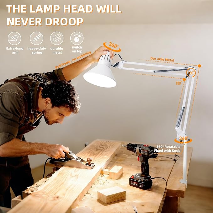 White Desk Lamp with Clamp, Extra-Tall Adjustable Metal Swing Arm, 5000K | Manicurist Table Lamp for Nail Work, Drafting, Sewing, Crafting, College Dorm and Home Office, A19 Bulb Included