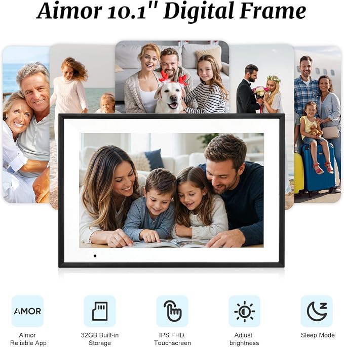 Digital Picture Frame, 10.1 Inch Digital Photo Frame with 32GB Storage, WiFi Photo Frame with 1280×800 HD IPS Touch Screen, Auto-Rotate Smart Electronic Frame, Share Photos and Videos via AiMOR App