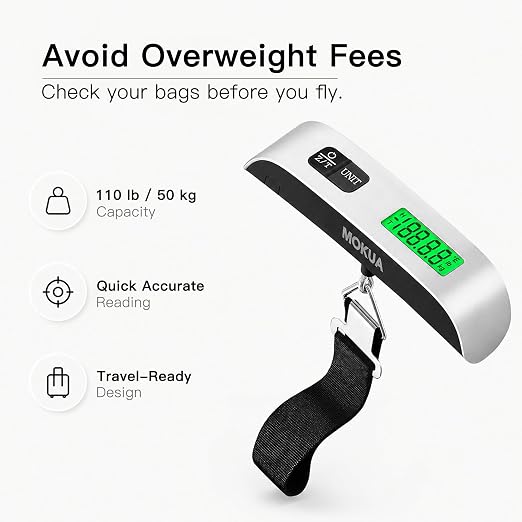 MOKUA Portable Digital Luggage Scale, 110lbs Hanging Baggage Scale with Backlit LCD Display, Portable Suitcase Weighing Scale, Travel Luggage Weight Scale with Hook