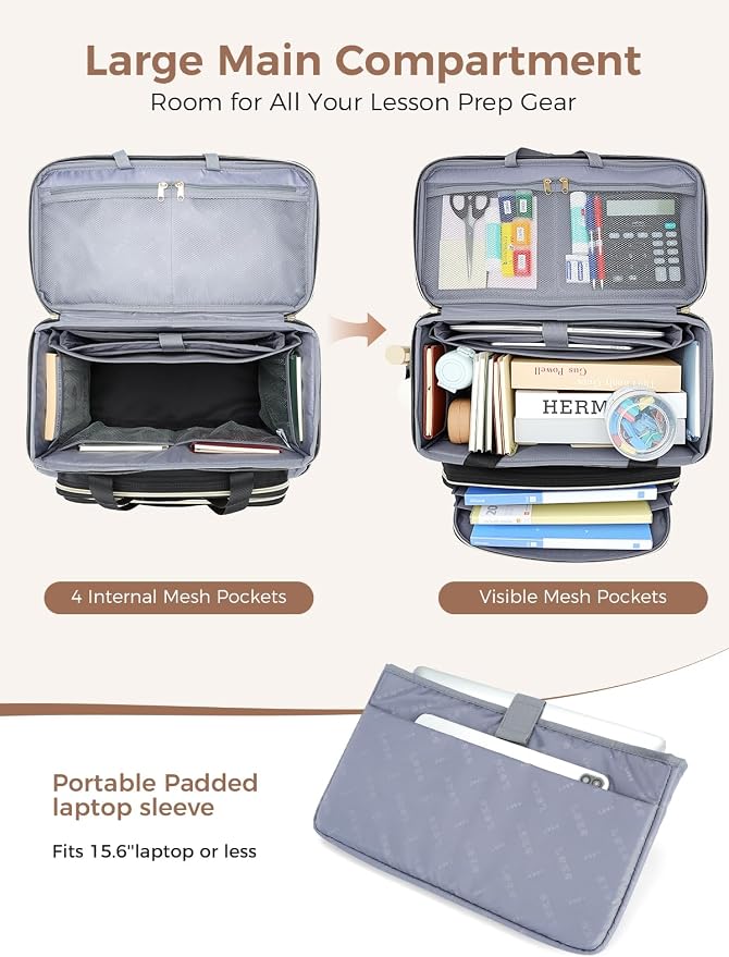 Rolling Teacher Bag with 4-Wheels 360° Spinner, Hardside Large | Laptop Rolling Briefcase for Women Teacher Office Craft Nurse, Roller Tote Work Bag with Accordion File, Quilted Black Brown