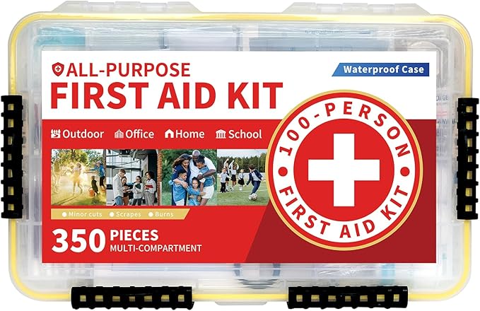 350-Piece All-Purpose 100-Person Emergency First Aid Kit – Waterproof Plastic Case | Clearly Organized for Fast Retrieval | Perfect for Home, Business, Workplace, Boat, Travel, Outdoor & Car