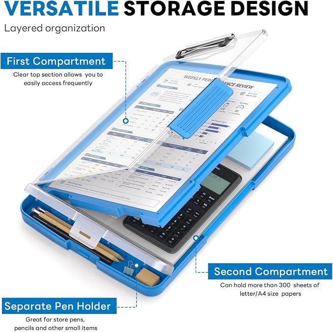Clipboard with Storage and Pen Holder, Blue 8.5 x 11'' Folder Side Open, Heavy Duty with Dual Compartment, Clear Dry Erase for Coach, Size 14.5 x 9.8 x 1.5'', Office & School Supply