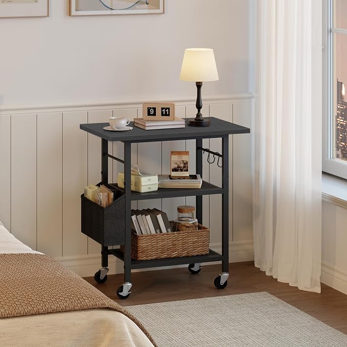 MAHANCRIS 3-Tier Printer Stand, Rolling Printer Table on Wheels, Industrial Storage Stand with Side Pocket, Wooden Tabletop, 2 S-Shaped Hooks, for Home Office, Black PTBK2501