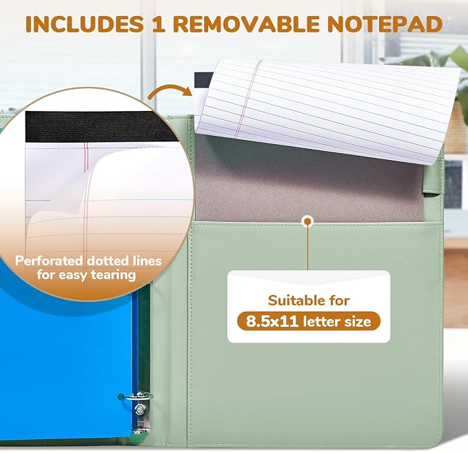 JoyCat 3 Ring Binder Clipboard with Storage, 5 Folders, Grass Green | 3 ring clipboard portfolio combines five expandable folders, a refillable letter-size notepad and storage