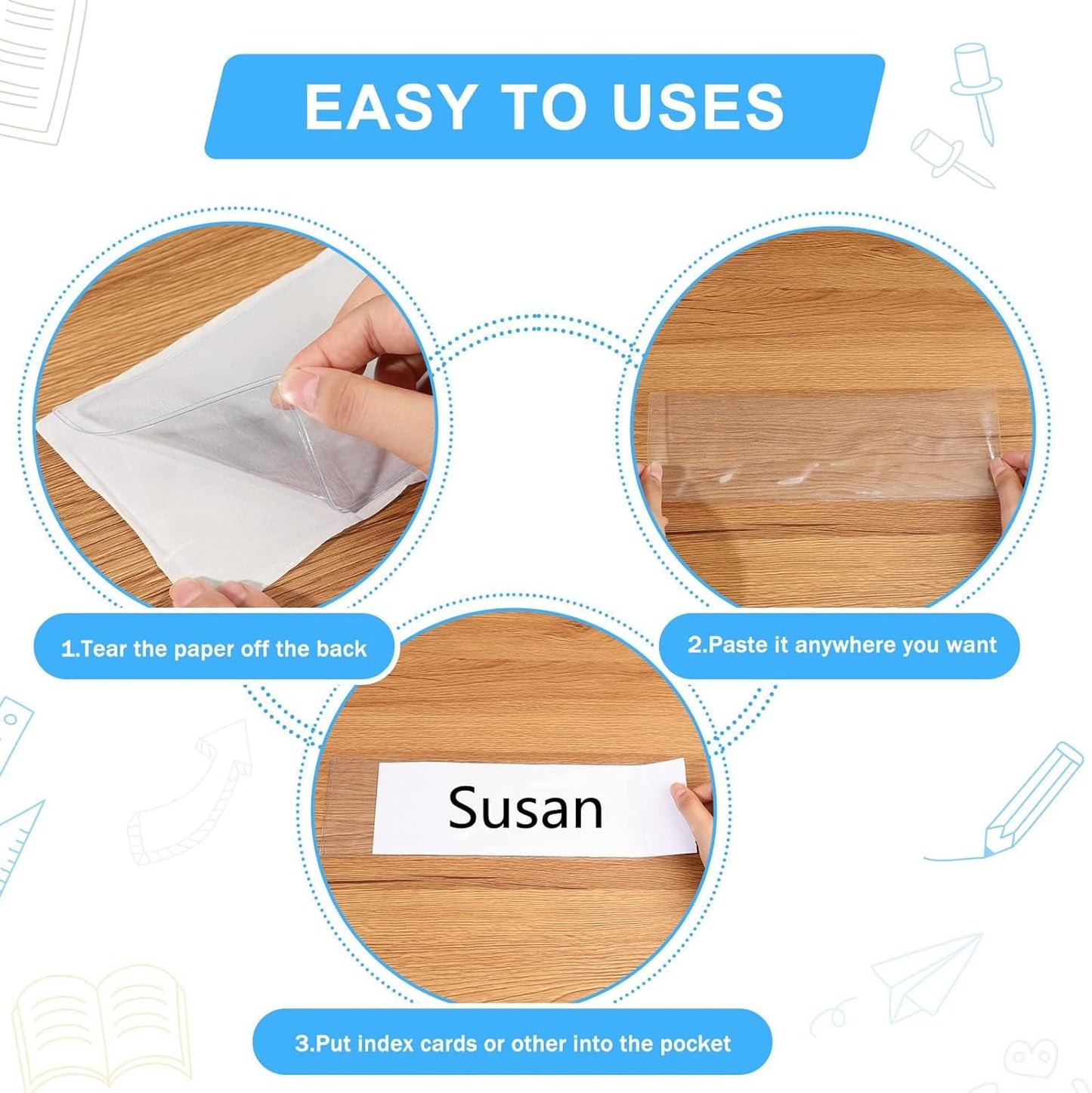Outus 100 Pcs Clear Self Adhesive Pockets - Bin Labels for Storage Bins, Pocket Label Sleeves, Plastic Index Card Holder with Top Open for Organizing Bins Box Drawer(13.5 x 4.73 Inch)