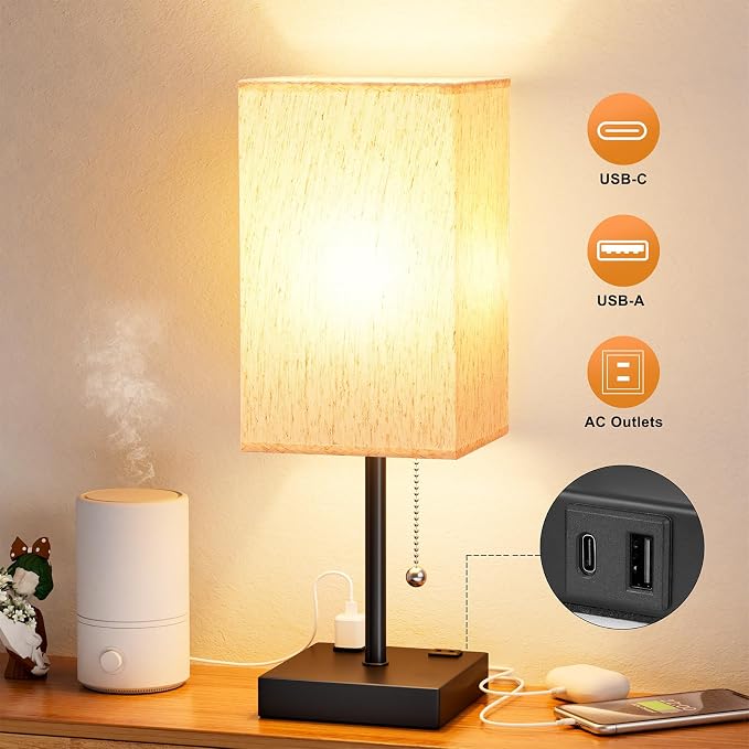 Bedside Lamp for Bedroom - 3 Color Temperatures, USB A+C, 2 AC Outlets | Pull Chain Switch, LED Bulb Included, Cream Fabric Shade, 17.4" Table Lamp for Nightstand, Desk, Living Room, Office