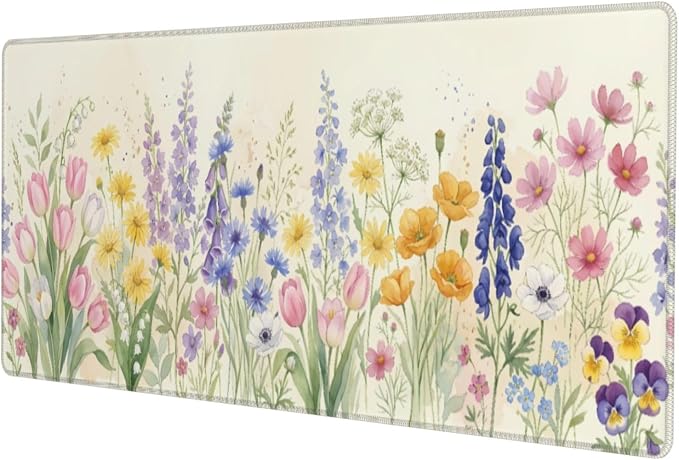 Watercolor Flowers Gaming Mouse Pad Extended Desk Mat 31.5x11.8in | Gaming Mousepad, Non-Slip Rubber Base, Large Keyboard Pad with Stitched Edges, Desktop Protector, for Office Home