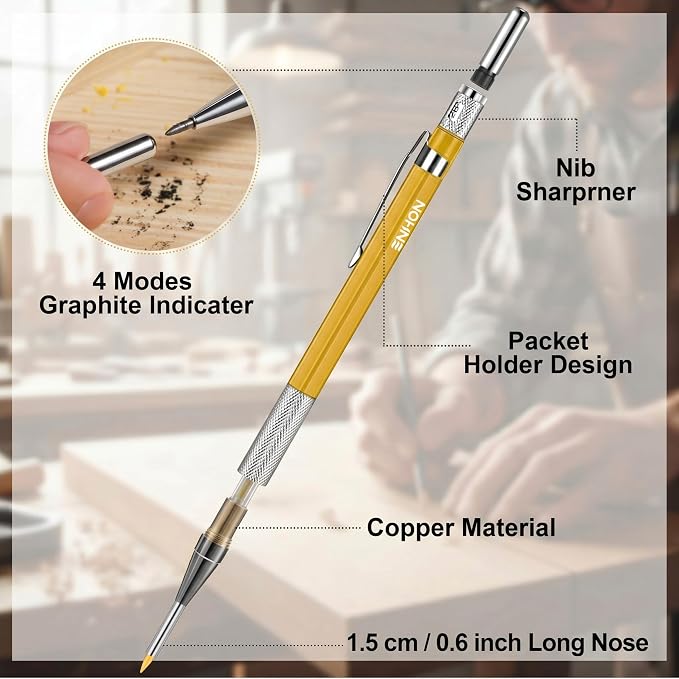 Enhon 2mm Carpenter Pencil Set with 12 Refills and Sharpener, Yellow | Woodworking Marking Tool Solid Deep Hole Construction Mechanical Pencil, Extended Needle-Nose Tip for Use in Jobs