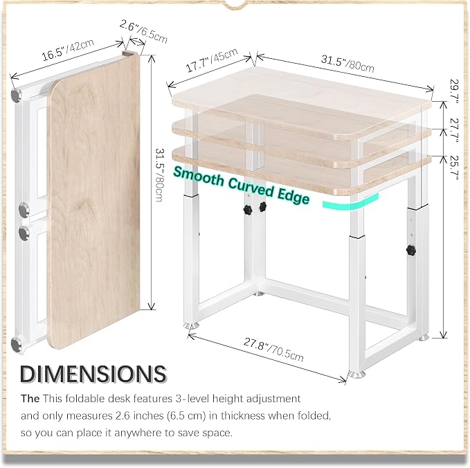 4NM No Tool Assembly 31.5" Small Desk, Folding Portable Desk with Wheels, Adjustable Height Foldable Computer Home Office Desks, Collapsible Study Writing Table for Space Saving Bedroom - Cloud Oak