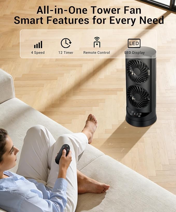 KopBeau Tower Fan for Bedroom, Portable Desk Table Fan with Remote,4 Speeds,12H Timer,60° & 110° Oscillating Electric Fans that Blow Cold Air,Fast Cooling Fan for Home Office Dorm
