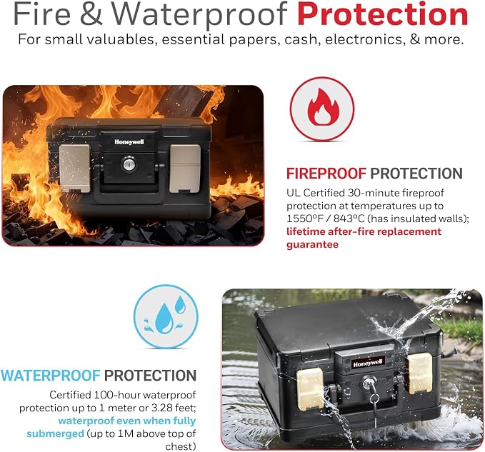 Honeywell Safes & Door Locks - Fireproof & Waterproof Small Safe Box Chest for Home - Fits Folded Letter Size Documents - Strong ABS Plastic - Document Box with Key Lock System - 0.15 CU, Black, 1102