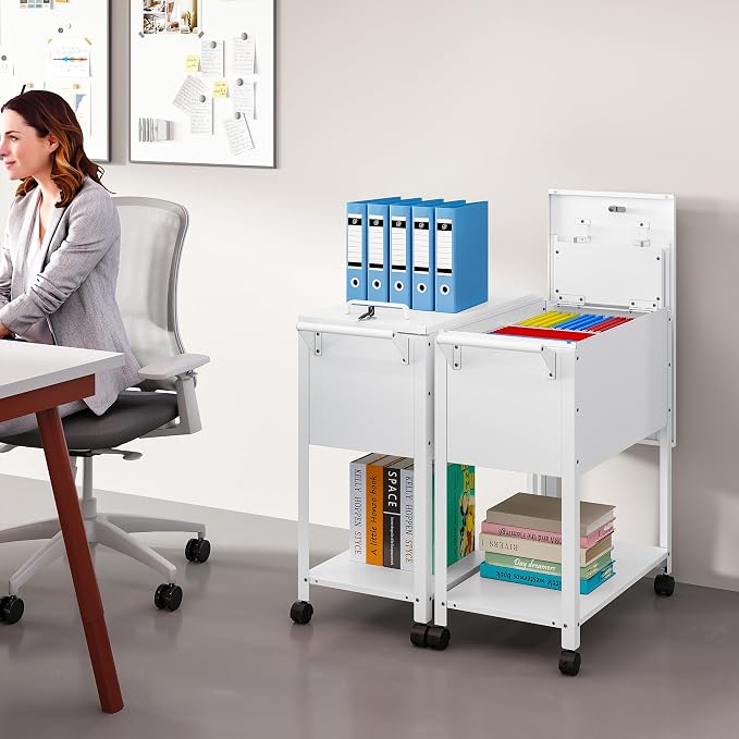 Rolling File Cart with Wheels Hanging Files,Rolling File Cabinet Organizer,Rolling Hanging File Folder Cart on Wheels,Metal Filing Cart,Fit A4/F4/Letter/Legal File for Home Office (White)