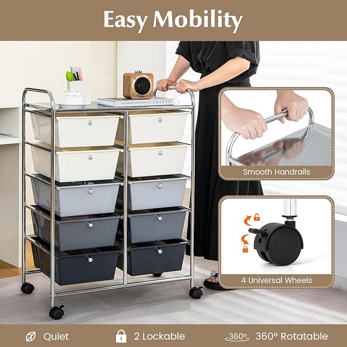 10 Drawer Rolling Cart, Storage Cart Organizer on Wheels, Drawer Cart with Metal Frame & Large Storage Capacity, Rolling Cart with Drawers for Living Room Classroom, Office