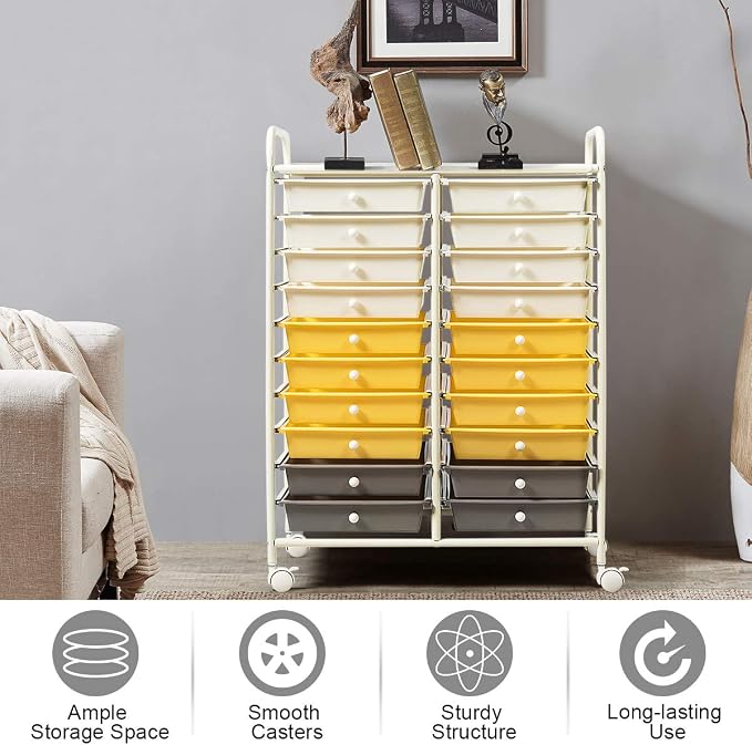 RELAX4LIFE 20 Drawer Rolling Storage Cart, Mobile Rolling Cart w/Drawers for School Classroom Teacher Office Home Salon, Paper File Art Supply Craft Organizer, Utility Cart on Wheels (Yellow)