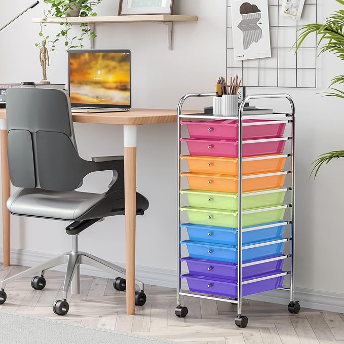 GLACER 10 Drawers Rolling Cart, Storage Cart with w/Removable Drawers & Steel Frame, Utility Mobile Trolley w/Universal Casters & 2 Brakes, Organizer Cart for Home, School, Office (Rainbow)