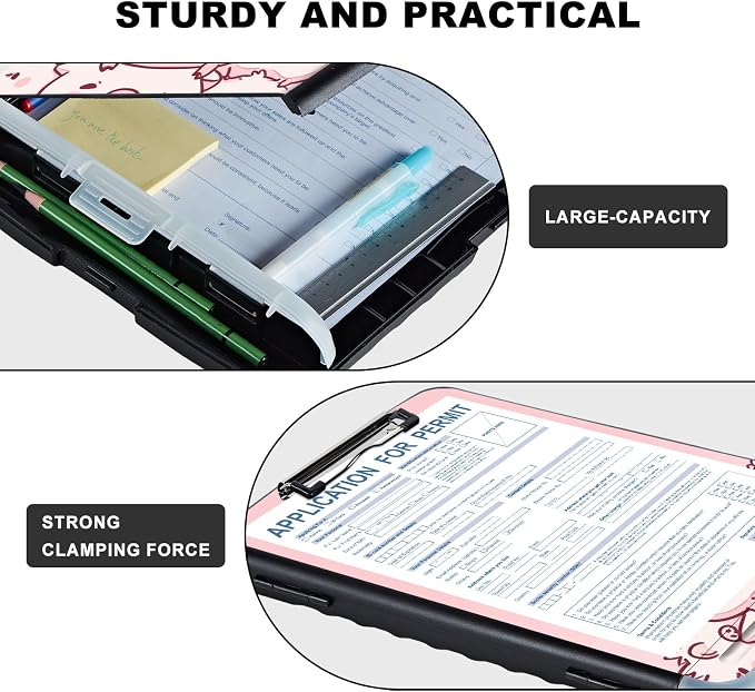 Clipboard with Storage,Storage Clipboard with Pen Holder,Heavy Duty Plastic Storage Clipboard with Low Profile Clip,Teacher Must Haves,Clipboard Folder,Office Supplies,Cute Pink Pigs -1362