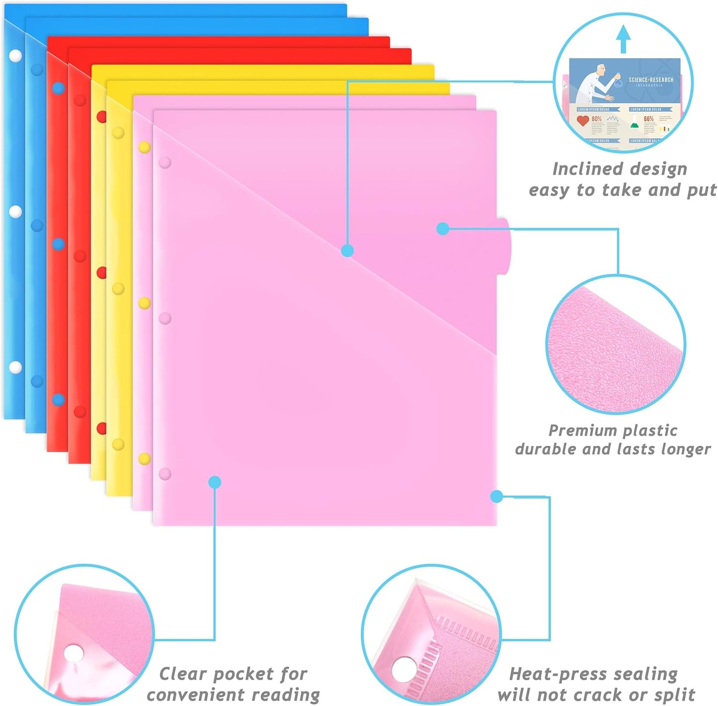 WOT I 8-Tab Binder Dividers with Clear Front Pocket - 3 Sets, Reusable Plastic Pocket Dividers for 3 Ring Binder, 4 Vibrant Colors, Tear-Resistant, Total 24 Tabs