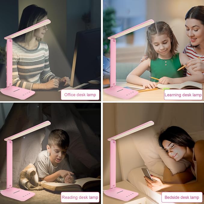 White crown LED Desk Lamp Dimmable Table Lamp Reading Lamp with USB Charging Port, 5 Lighting Modes, Sensitive Control, 30/60 Minutes Timer Pink (Pink, First-Generation)