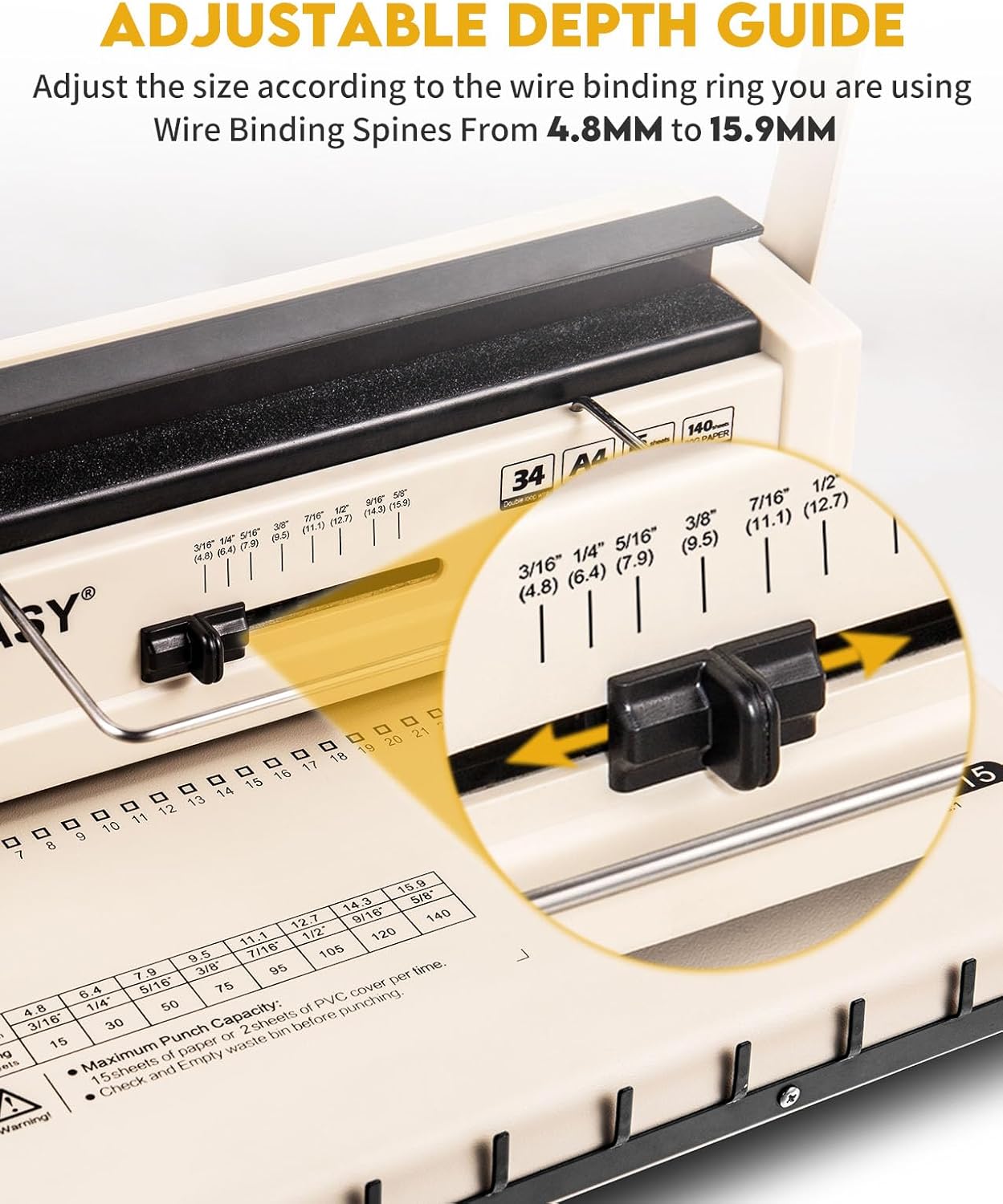 MAKEASY Binding Machine - Wire Binding Machine, 34 Hole, 15 Sheets Punch Capacity, Metal Book Maker Machine with 1 Box Wire Spines & Ring Opener