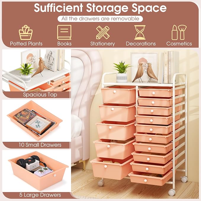 COSTWAY 15 Drawer Rolling Storage Cart, Mobile Storage Organizer | Removable Drawers & Metal Frame, Multipurpose Utility Tools Paper Organizer on Wheels for Home, Office (Peach)