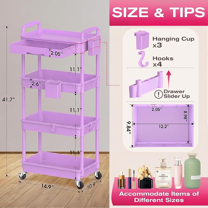 Goovilla Rolling Makeup Organizer Cart with Removable Drawer, 4 Tier Purple | Stable Floor Skincare Storage Cart for Vanity, Cosmetic Display, Nail Polish, Perfume, Hair Stuff, Beauty, Bathroom(Plastic)