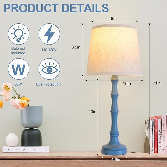 Lamps Set of 2 Modern Farmhouse Table Lamp Bedside Reading Lamps Living Room End Tables Set Lamps for Night Stands Bedroom Night Lamp,High 26.25 Inch,blue,With Fabric Lamp Shade,Bulb Not Included