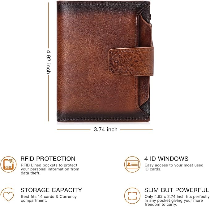 Wallet for Men Genuine Leather RFID Blocking Mens Wallet with Zipper Coin Pocket ID Window