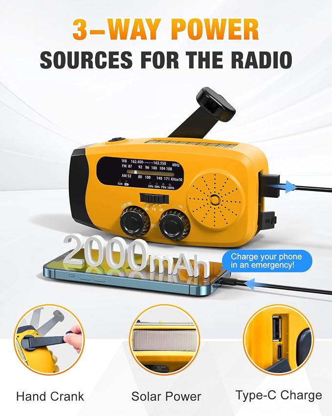Hand Crank Radio with AM/FM/NOAA Weather Bands,for Emergencies, Camping | 3 LED Flashlights,SOS Function,Solar Powered,Hand Cranked, 2000mAh/7400mWh Charger,for Power Outage - Orange