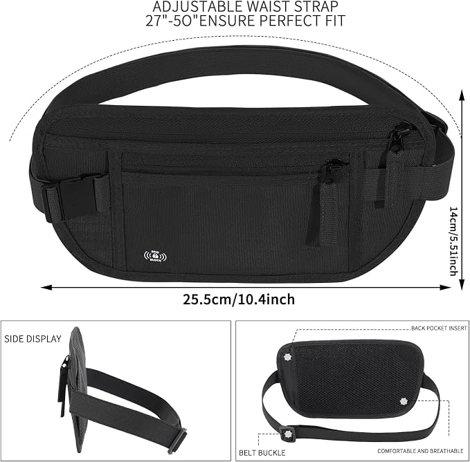 Money Belt for Travel, RFID Blocking, Hidden Money Belt, Passport Holder for Travel (Black)