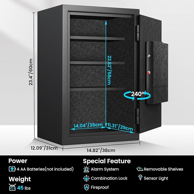 35Min Real Fireproof Safe Box, 23.4'' Tall Home Safes Water and Fireproof with Keys & Pass Code, 3-Removable Shelf and Smart Alert, Fire Proof Safe for Home Document Jewelry Valuables