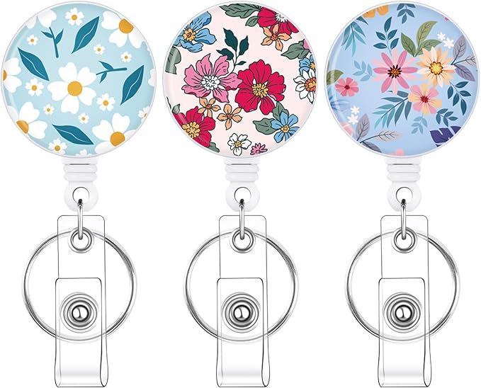 BESARME 3 Pack Badge Reels Retractable Badge Clip with Key Ring Retractable Badge Holders for Office Worker Teacher Nurse Student（Blue Flower）